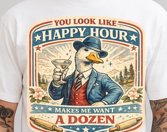 Happy Hour Duck PNG Funny Quote Design, Vintage Bar Humor Shirt Graphic, Drinking Clipart for Sublimation Mug Sticker