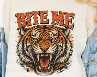 Muérdeme Tigre PNG, Diseño de Camiseta con Cabeza de Tigre Feroz, Imágenes prediseñadas de animales agresivos, Gráfico de ropa urbana, Camiseta de sublimación PNG