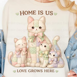 パッチワーク猫ファミリーPNG、パステルキルトの子供部屋デザイン（デジタルダウンロード）