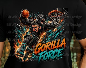 PNG de gorila de baloncesto, diseño de mate de Gorilla Force, gráfico de mascota fuerte, PNG de camiseta deportiva, imágenes prediseñadas para sublimación