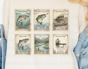 Sello de pesca vintage PNG, diseño de sello postal de trucha con mosca, gráfico de collage retro de pescador para camiseta, pegatina, regalo de sublimación