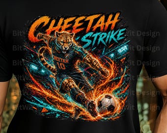 PNG de guepardo futbolista, diseño de camiseta de guepardo rápido, imágenes prediseñadas de atleta animal veloz, gráfico de jugador de fútbol, PNG de sublimación