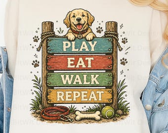 Lindo perro PNG, diseño de camiseta "Juega, come, camina, repite", imágenes prediseñadas para amantes de los cachorros, gráfico divertido de perro, PNG de sublimación para amantes de las mascotas