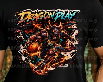 PNG de dragón de baloncesto, diseño de camiseta de mate de dragón de fuego, imágenes prediseñadas de deportes de fantasía, gráfico de atleta de ropa urbana, PNG de sublimación