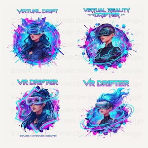 Może przedstawiać: Cztery cyfrowe ilustracje kobiet noszących zestawy VR, w futurystycznym stylu z niebieskimi i różowymi odcieniami. Obrazy zawierają teksty "VIRTUAL DRIFT" i "VR DRIFTER".