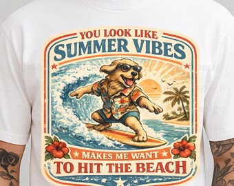 Summer Vibes PNG Surfing Dog Design, Beach Vacation Shirt Graphic, Funny Summer Quote Sublimation for T-Shirt Mug Sticker