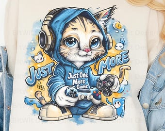 Gamer Cat PNG, Just One More Game Design (Digital Download)