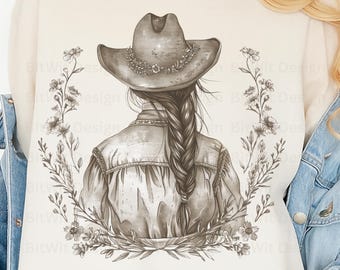 Vintage Cowgirl PNG, Western Braid Hat Wildflower Design (Digital Download)