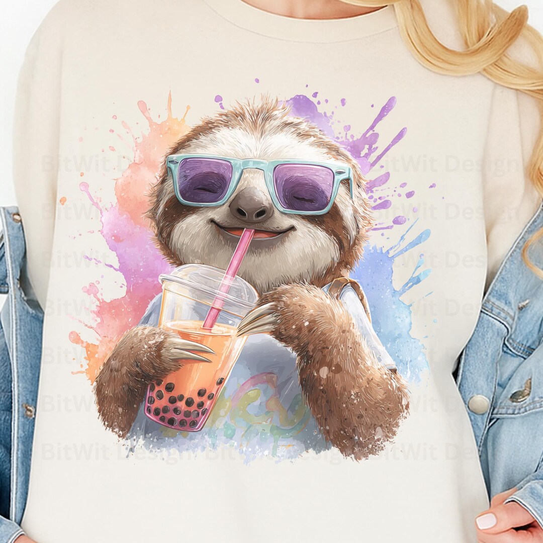 Sloth Boba Tea Png Cute Kawaii Watercolor Design, Lazy Sloth Drinking ...