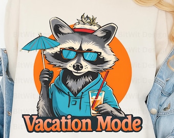 Vacation Mode Raccoon PNG, Funny Summer Animal Shirt Design, Cute Raccoon Drinking Cocktail for T-Shirt Sublimation Gift