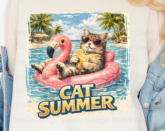 Lindo gato en la playa PNG, diseño de camiseta para vacaciones de verano, divertido clipart de gato de verano, sublimación de gato en la playa PNG, archivo PNG para sublimación