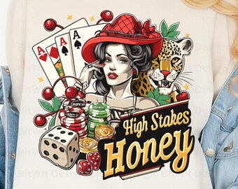 High Stakes Honey PNG, Retro Casino Cowgirl Design, Poker Girl Gambling Art, Western Pinup PNG for T-Shirt, Sticker, Sublimation