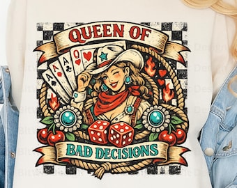 Regina delle cattive decisioni PNG, design vintage di cowgirl giocatrice d'azzardo (download digitale)