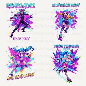 Puede incluir: Cuatro ilustraciones de estilo neón de patinadoras de roller derby. Cada imagen presenta a una patinadora en poses dinámicas, con vibrantes esquemas de color rosa, azul y amarillo. El texto incluye "RENEGADES", "NEON ROLLER DERBY", "NEON SPEED DEMON" y "NEON THUNDER DERBY".