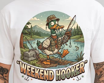 Weekend Hooker Fishing PNG, Funny Fishing Duck Shirt Design, Retro Fisherman Sublimation Download for Men