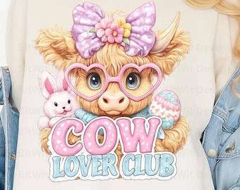 Highland Cow Easter Bunny PNG, Pastel Farm Animal Sublimation Design (Digital Download)