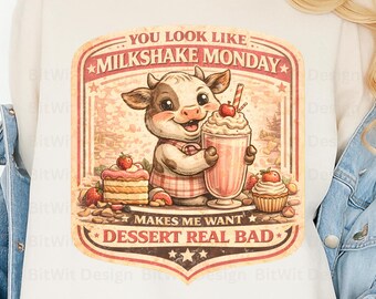Funny Cow Milkshake PNG, Cute Dessert Cow Design, Vintage Sweet Treat Shirt Graphic, Kawaii Animal Sublimation Download