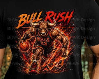 PNG de baloncesto de toro, diseño de camiseta de embestida de toro potente, imágenes prediseñadas de mascota deportiva agresiva, gráfico de atleta, PNG de sublimación