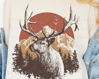 Vintage Elk Mountain PNG, Retro Wildlife Landscape Graphic, Deer Nature Clipart, Forest Sunset T-Shirt Design, Printable Sublimation