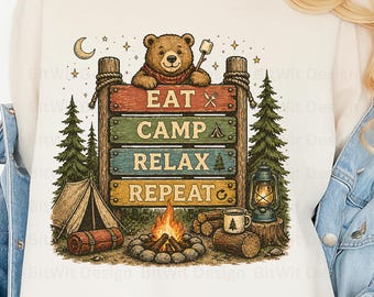 PNG de oso divertido acampando, diseño de camiseta "Come, acampa, relájate, repite", imágenes prediseñadas de oso al aire libre, gráfico de humor de acampada, PNG de sublimación