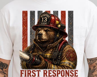 Funny Firefighter Bear PNG, First Responder Shirt Design, Cute Fireman Animal Clipart, Sublimation PNG, Sublimation PNG