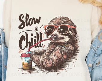 Slow & Chill Sloth PNG, Funny Sloth Shirt Design, Cute Animal Relax Graphic for T-Shirt, Sticker, Mug, Sublimation Gift