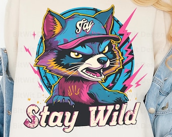 Retro Raccoon PNG, Stay Wild Shirt Design, Colorful Animal Graphic (Digital Download)