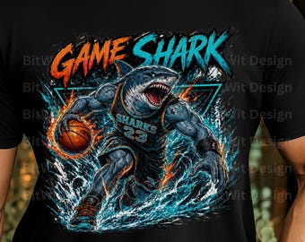 PNG de tiburón de baloncesto, diseño de camiseta de tiburón en modo juego, imágenes prediseñadas de deportes agresivos, gráfico de atleta de ropa urbana, PNG de sublimación