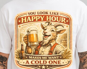 Funny Happy Hour Goat PNG, Beer Lover Quote Design, Vintage Drinking Shirt Graphic for T-Shirt, Mug, Sublimation Download