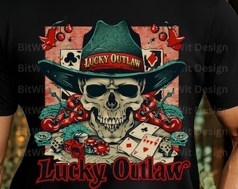 Lucky Outlaw Skull PNG, Retro Cowboy Gambling Graphic (Digital Download)