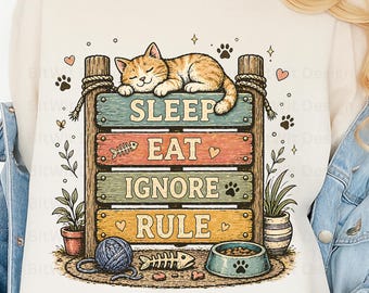 PNG de gato gracioso, diseño de camiseta "Duerme, come, ignora las reglas", imágenes prediseñadas de gato sarcástico, gráfico de gato perezoso, PNG para sublimación