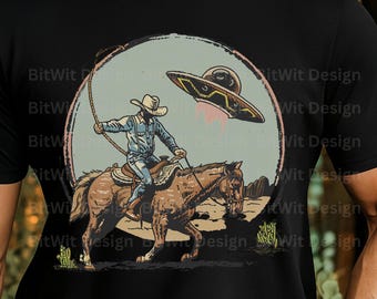 Retro Cowboy Lazo UFO PNG, grafica western di rapimento alieno (download digitale)