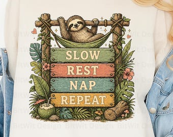 Lindo perezoso PNG, diseño de camiseta "Descanso lento, siesta, repetir", divertido clipart de perezoso perezoso, gráfico de animal soñoliento, PNG para sublimación