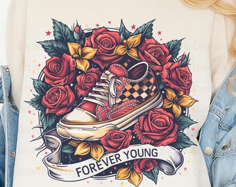 Retro Floral Sneaker PNG, Tattoo Rose Shoe Graphic (Digital Download)