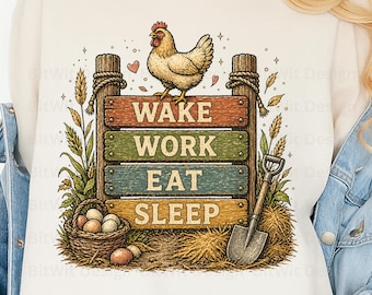 PNG de pollo divertido, diseño de camiseta "Despierta, trabaja, come, duerme", imágenes prediseñadas de humor de animales de granja, gráfico de meme de pollo, PNG de sublimación