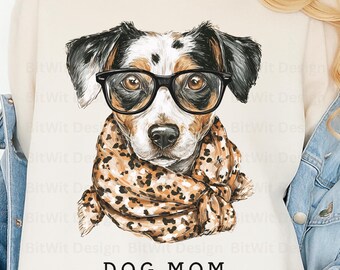 Dog Mom PNG, Cute Dog with Glasses Shirt Design, Stylish Puppy Graphic for T-Shirt, Sublimation, Sticker, Pet Lover Gift