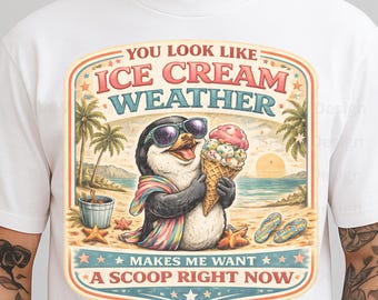 Ice Cream Weather PNG, Funny Summer Penguin Design, Beach Ice Cream Lover Graphic for T-Shirt, Mug, Sublimation Download