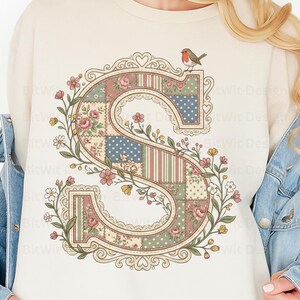 Floral Patchwork Letter S PNG, Monogram Initial S Design, Cottagecore Alphabet PNG, Shabby Chic Sublimation File, Custom Name PNG