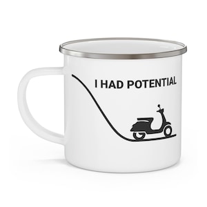 Retro Scooter Enamel Mug, Physics Pun Camper Cup, Motorbike Coffee Drinkware