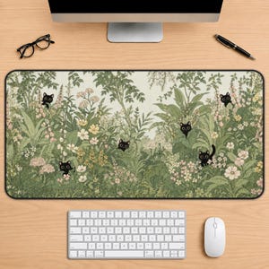Botanical Garden Desk Mat, Black Cat Floral Keyboard Pad, Vintage Cottagecore Office Decor