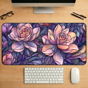Mosaic Floral Desk Mat, Purple Botanical Art Nouveau Office Decor, Pink Rose Workspace Pad