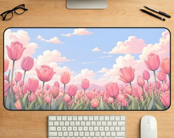 ピンクのチューリップ柄デスクマット、パステルカラーの花柄ガーデンキーボードパッド