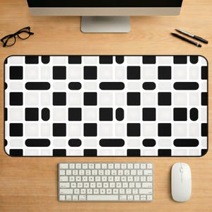 Black White Geometric Desk Mat, Retro Checker Pattern, Minimalist Office Decor