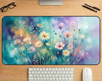 青緑色の花柄デスクマット、水彩画風の野花柄パッド、パステル調の植物柄オフィス装飾