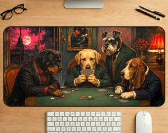 ポーカー犬柄デスクマット、紳士向けカードゲームパッド、ゴシック調犬アート、ヴィンテージゲーム装飾
