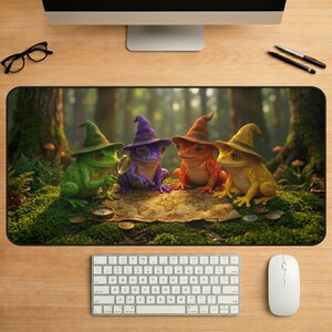 May include: A whimsical mousepad featuring four colorful frogs wearing wizard hats, gathered around a map in a forest setting. The frogs are green, purple, orange, and yellow. The mousepad is rectangular and rests on a wooden desk.
