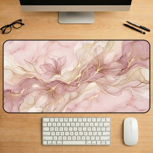 Blush Floral Desk Mat, Rose Gold Marble Computer Pad, Botanical Keyboard Protector
