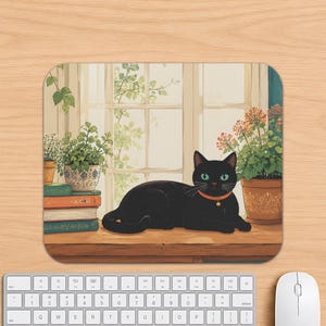 Black Cat Botanical Mouse Pad, Cozy Plant Floral Office Decor, Cottagecore Workspace Art