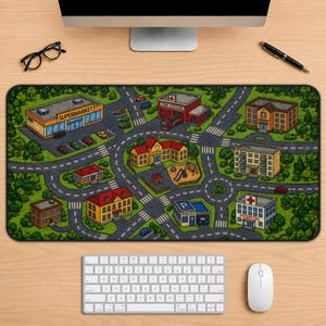 Retro City Road Desk Mat, Nostalgic Town Street Carpet Art, Car Track Keyboard Pad