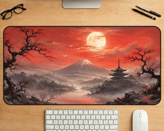 日本の赤い月をモチーフにしたデスクマット、パゴダの風景、深紅の桜のキーボードパッド